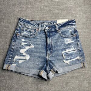 American Eagle Women's High Rise Ripped Cuffed Denim Mom Short Size‎ 6 Blue NWT